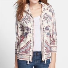 Lucky Brand Vintage Lucky Lotus Asian Floral Boho Tassel Zip Up Hoodie Large