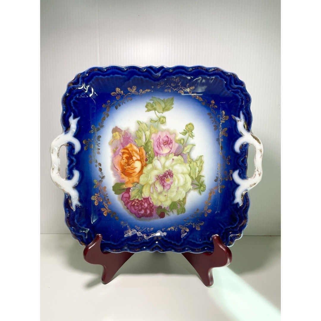 Blue Floral Bavarian Germany Tea Serving Plate Marked PM 11”