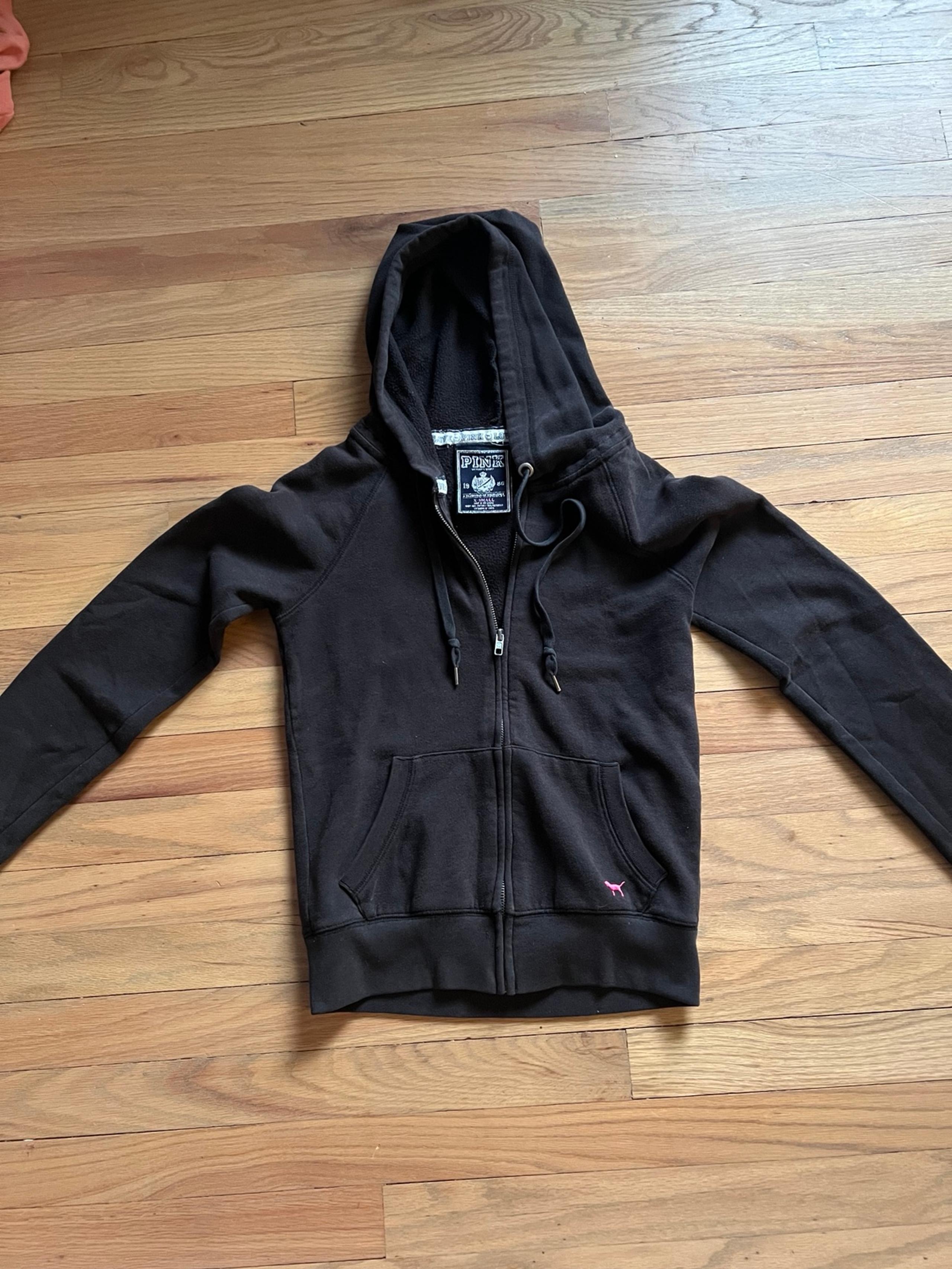 Victoria Secret PINK Womens XS Hooded Black Heart Peace Sign Studded Zip Jacket