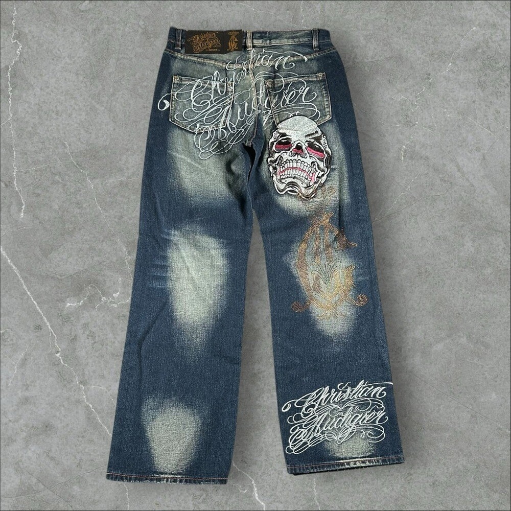 Christian Audigier Jeans Men 34x32 Blue Y2K Grunge Skull Emo Mallgoth AOP Skater