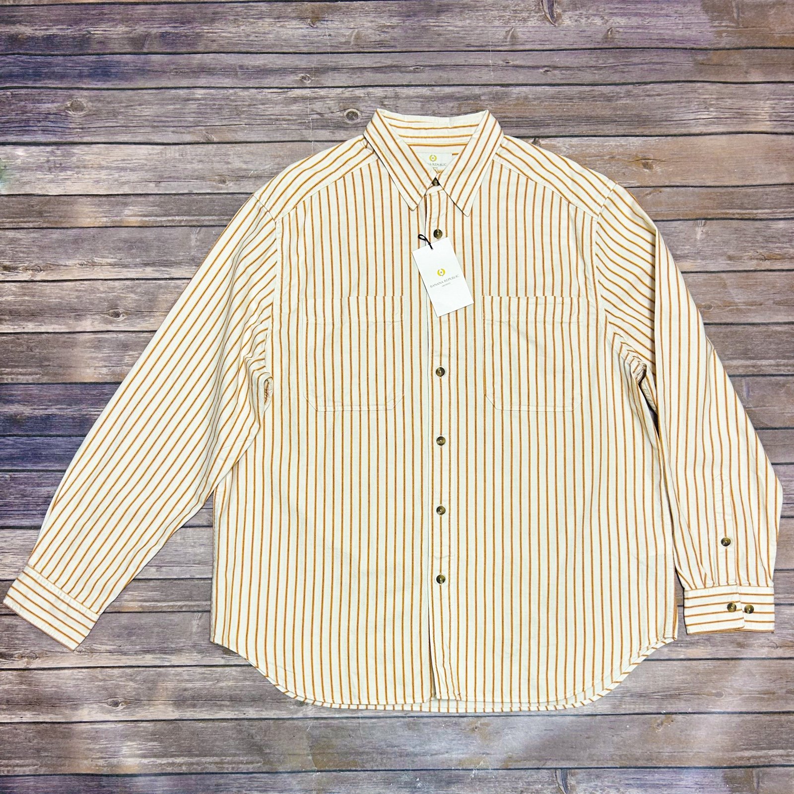 Banana Republic Archives Ivory Gold Striped Button Up Twill Tickin Shirt XL NWT