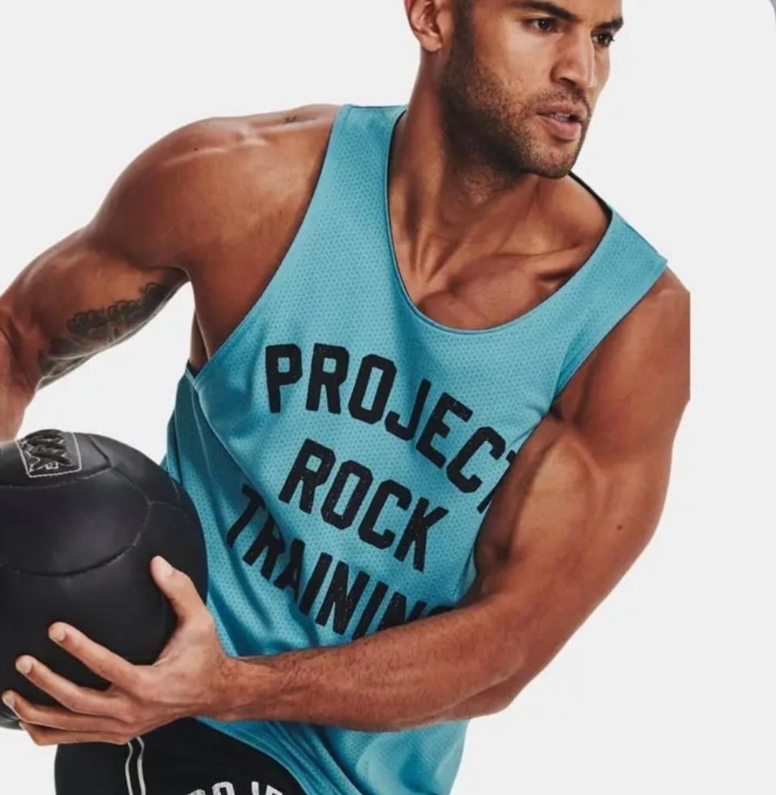 Under Armour Mens Project Rock Reversible Mesh Tank Blue Teal Black SMALL NWT