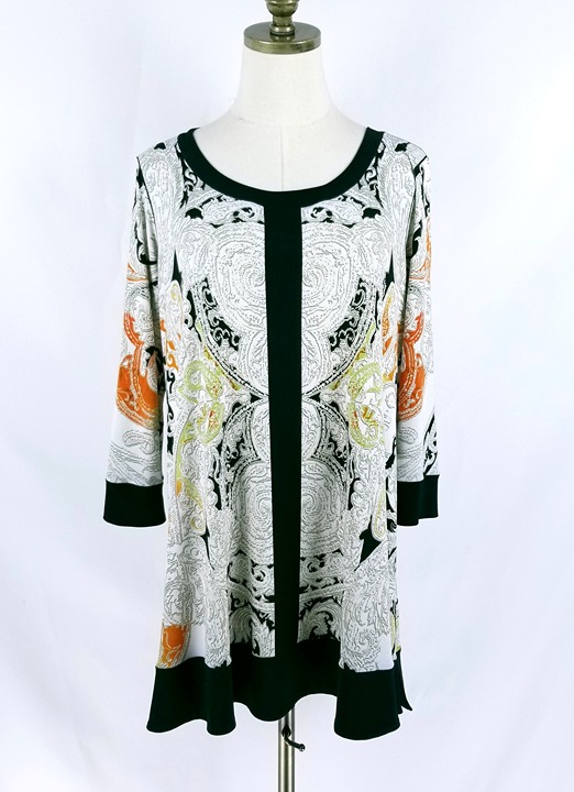 Eva Varro Tunic Top Size L Cream Black Paisley 3/4 Sleeve Scoop Neckline