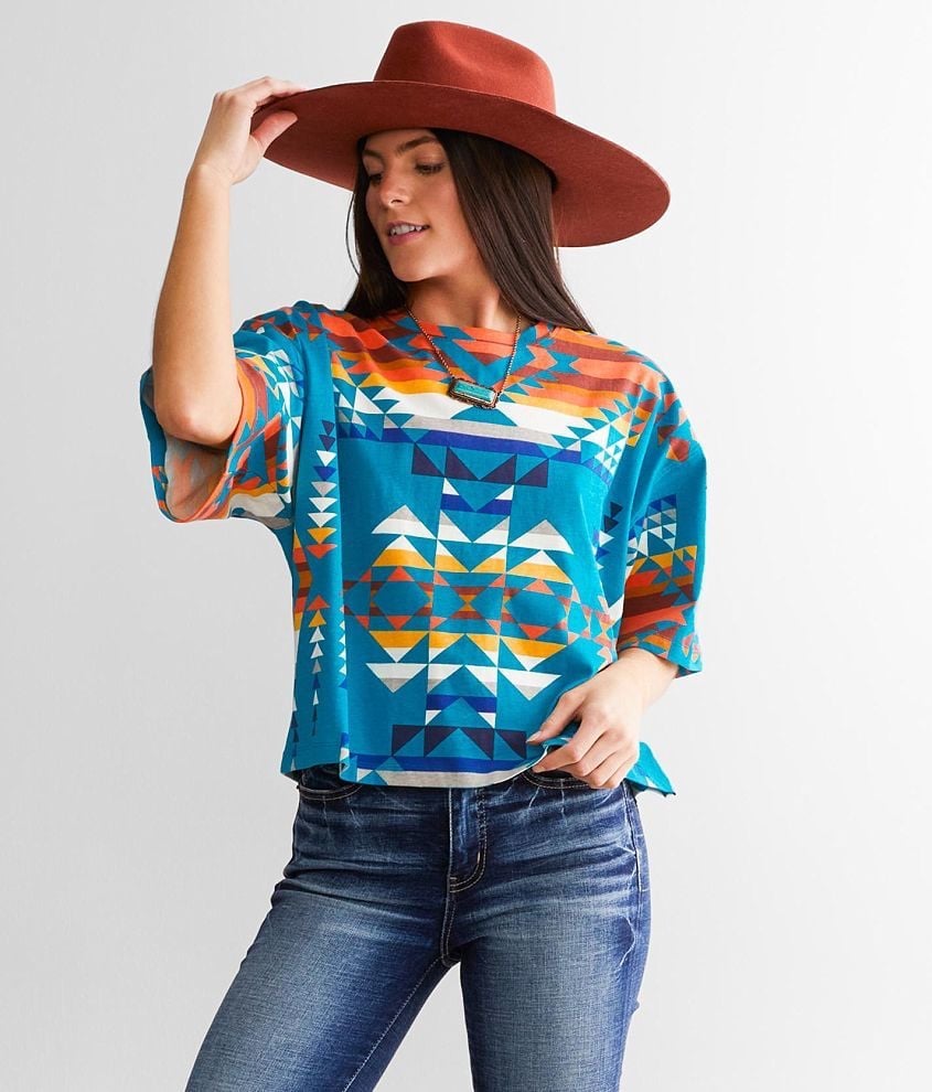 Wrangler x Pendleton Southwestern Aztec Print Turquoise Boxy Cropped Tshirt Med
