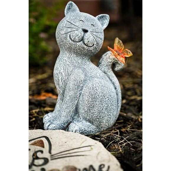 New Solar Cat Outdoor Statue Butterfly Yard Art for Garden, Porch & Patio