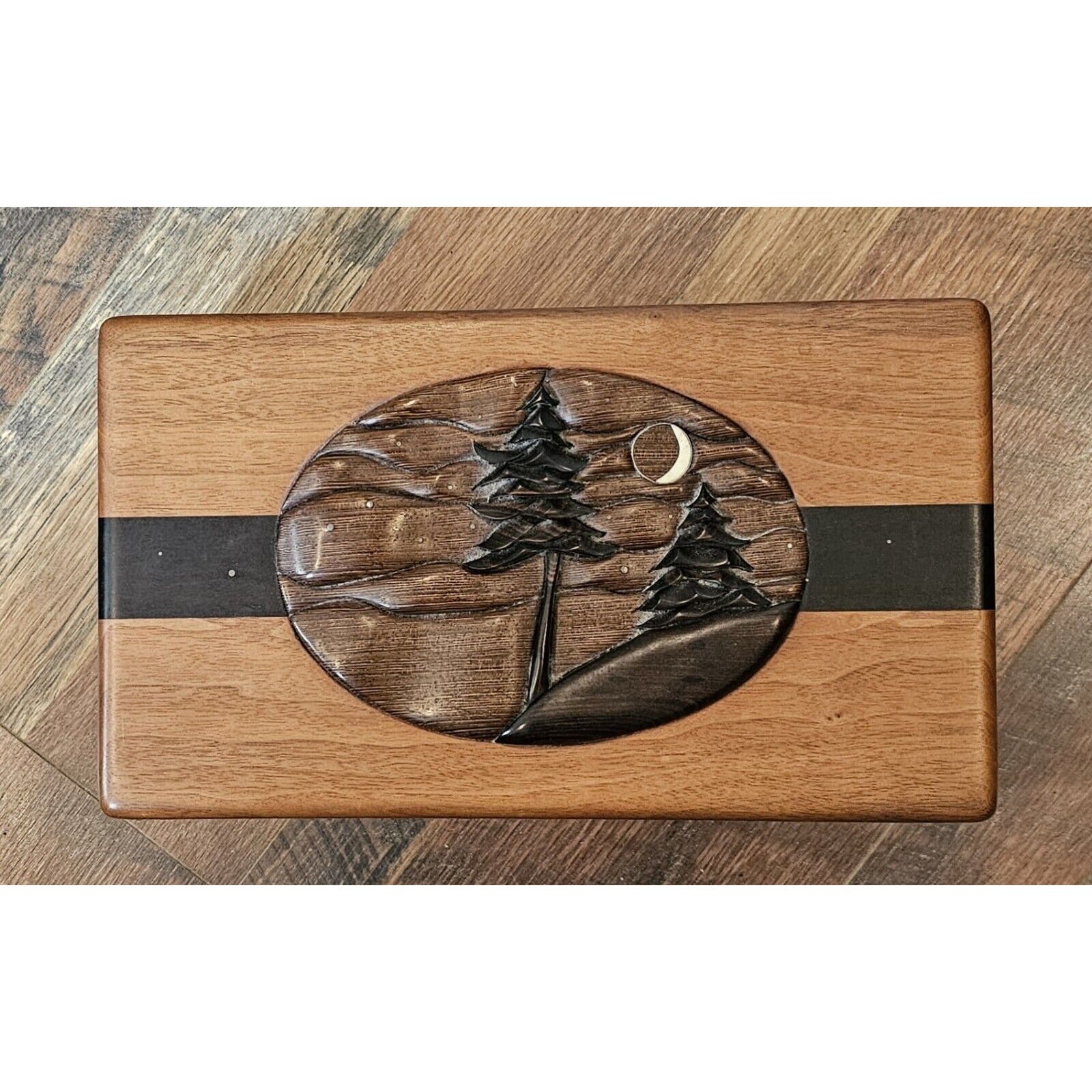 Wood Trinket Box Hand Carved Tree Moon Vintage 1987 American Studio Craft