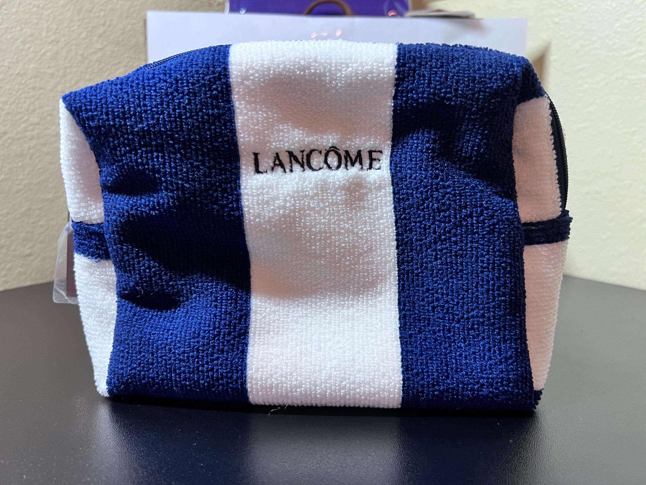 Lancome Soft-Sided Cosmetic Makeup Bag Blue White Striped Terry Cloth Brand New