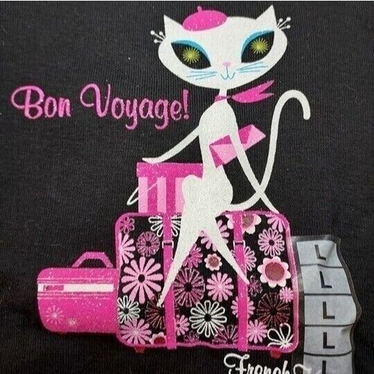 Vintage French Kitty by Mighty Fine Womens Top, Black, White Cat, Bon Voyage