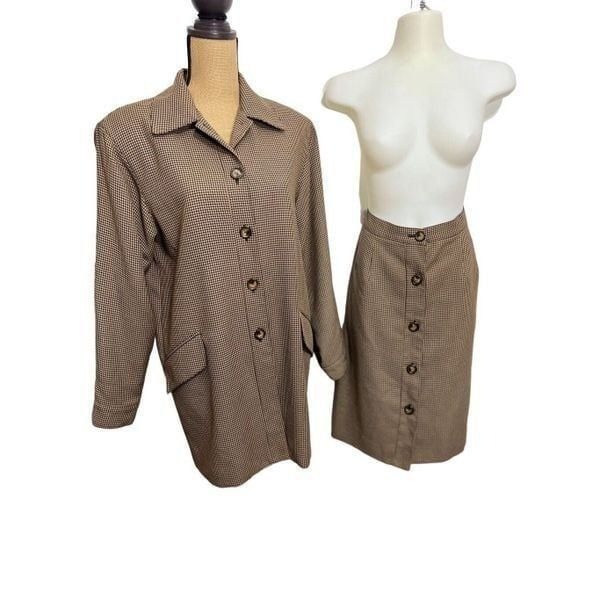 Renlyn New York Skirt Suit Size 10 Houndstooth Long Blazer Brown Business USA