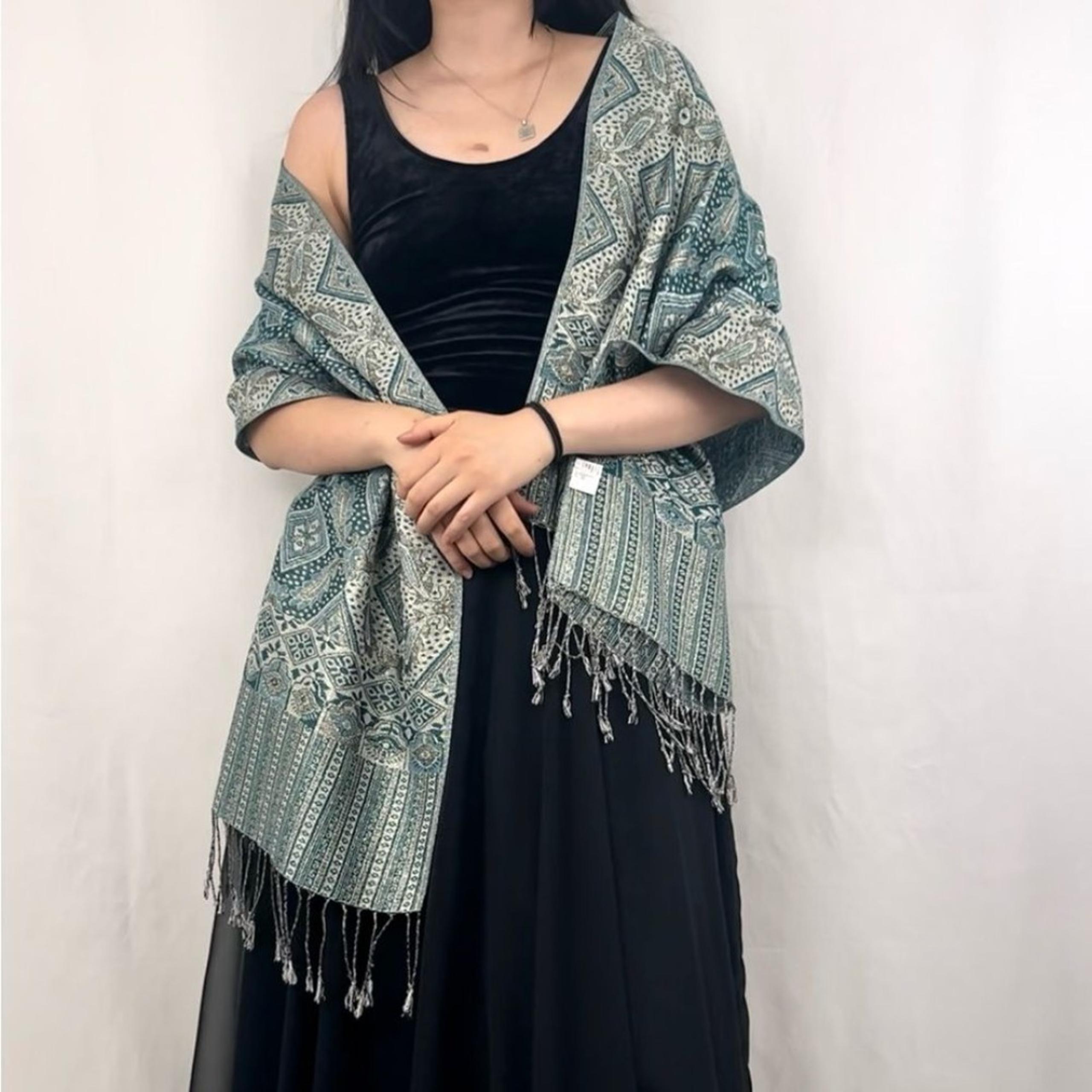 Vintage Blue and Green Silk and Wool Scarf Shawl