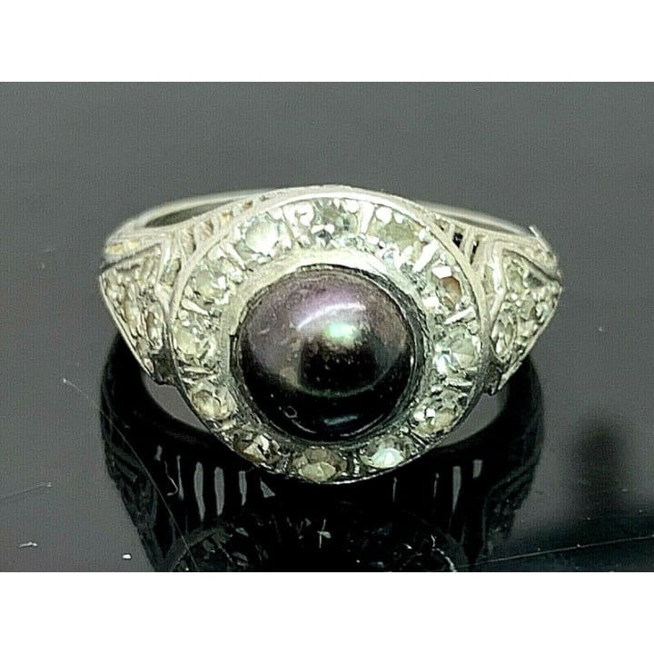 Platinum Black Pearl Diamond Ring Antique Filigree Deco Estate Jewelry Size 5.5