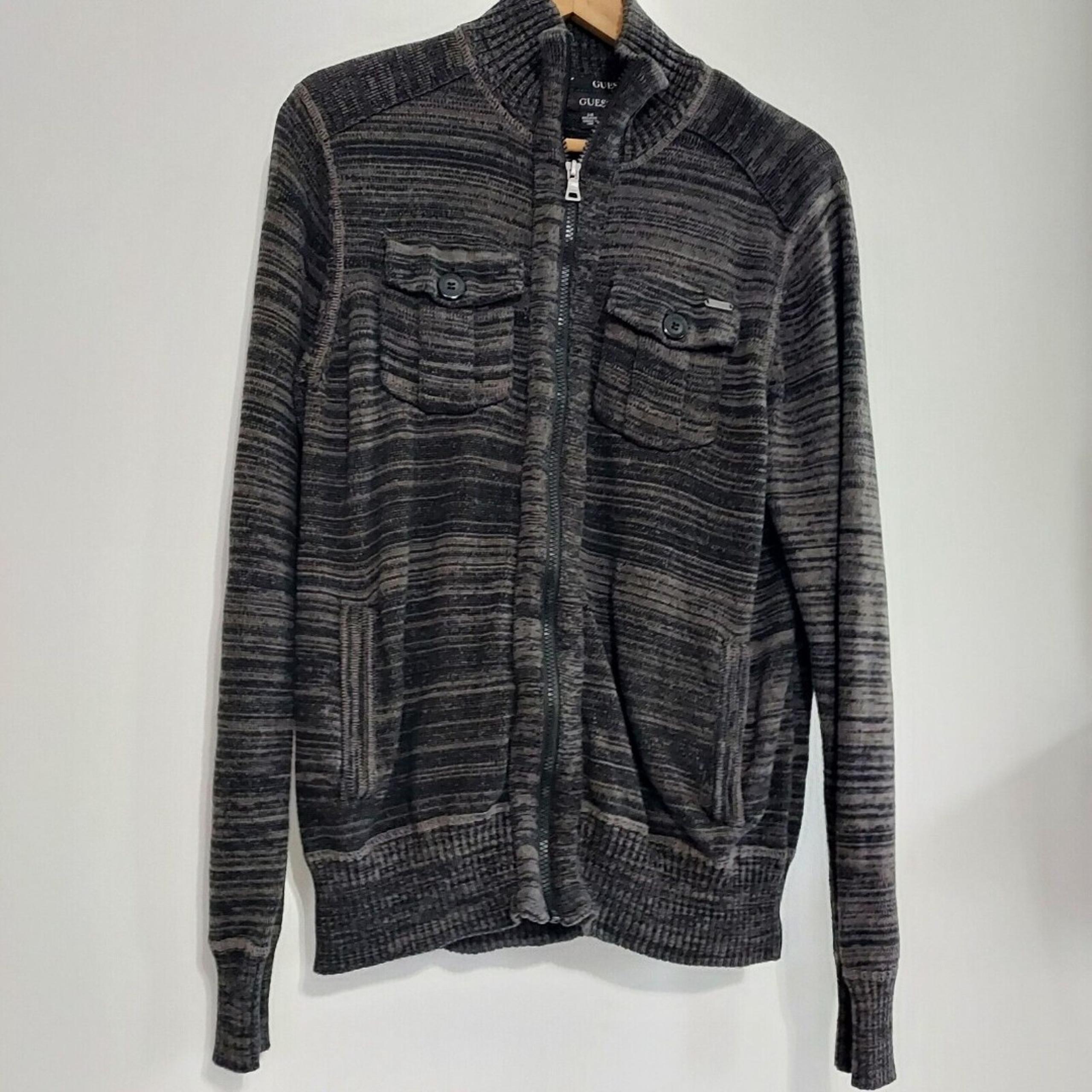 Guess Zip Up Sweater Turtleneck Cardigan Cable Knit Black Grey Pockets Mens L
