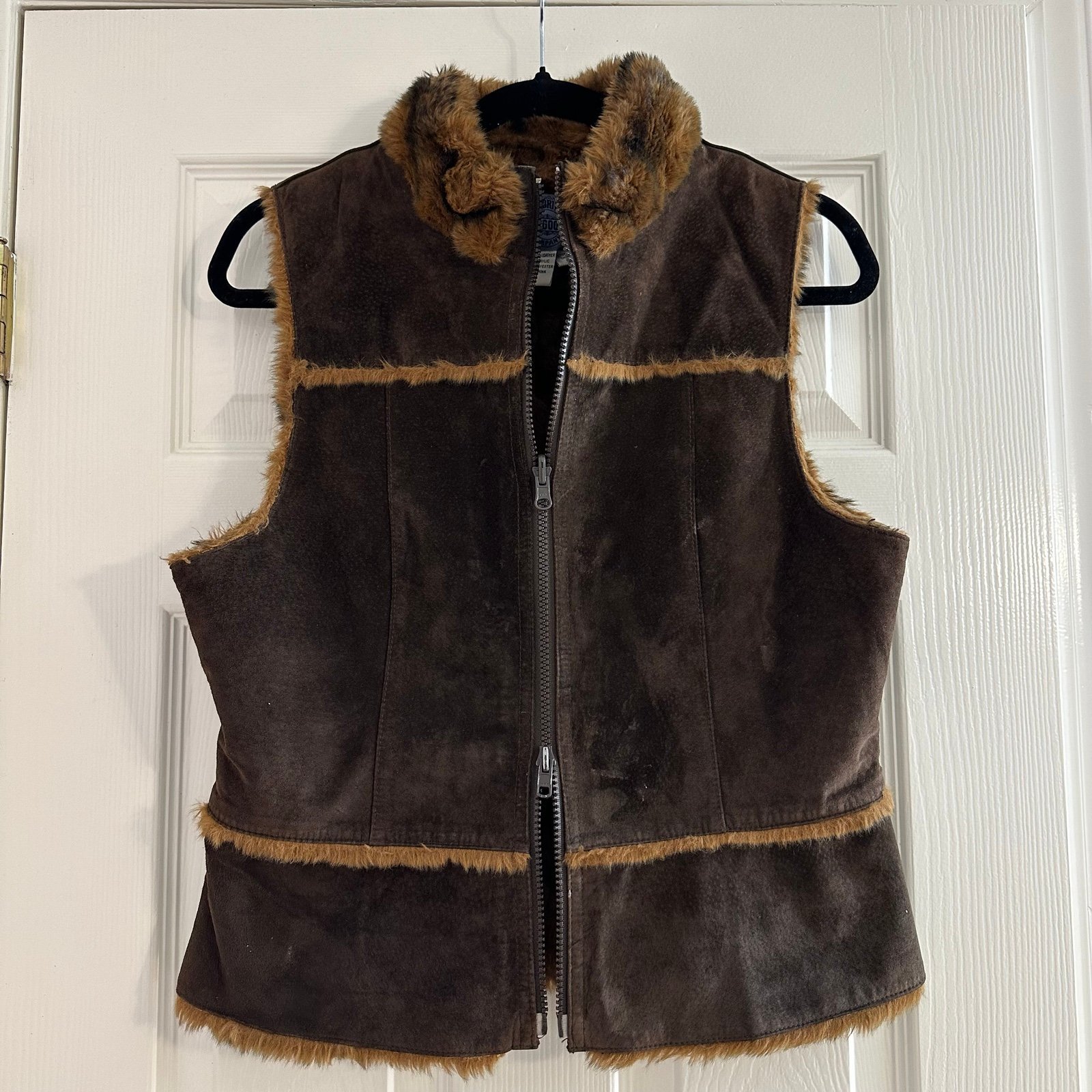Cambridge Dry Goods Brown Leather Suede Fur Trim Mock Neck Vest Double Zip Med