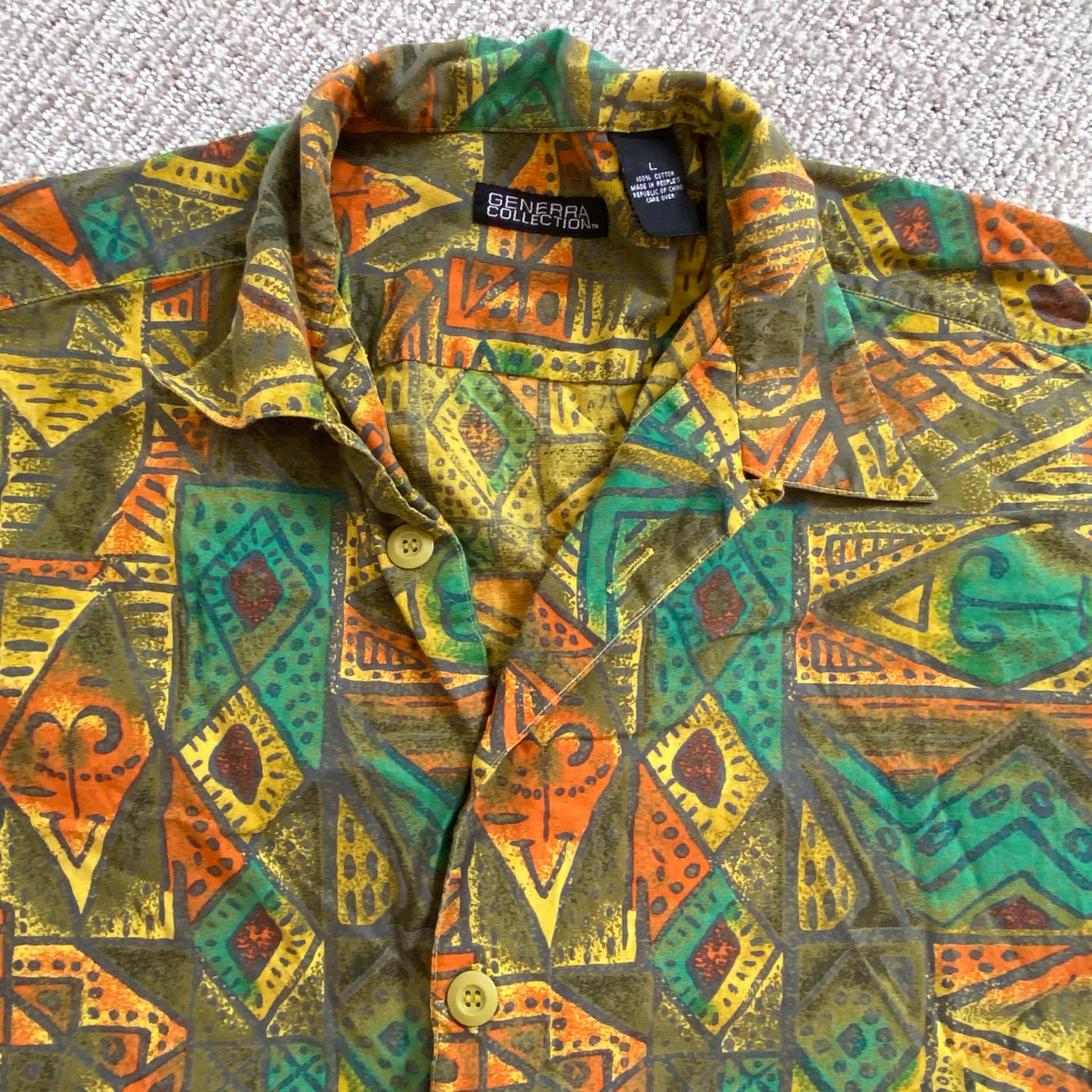 Vintage Generra Collection Short Sleeve Button Shirt Large Yellow Blue Orange