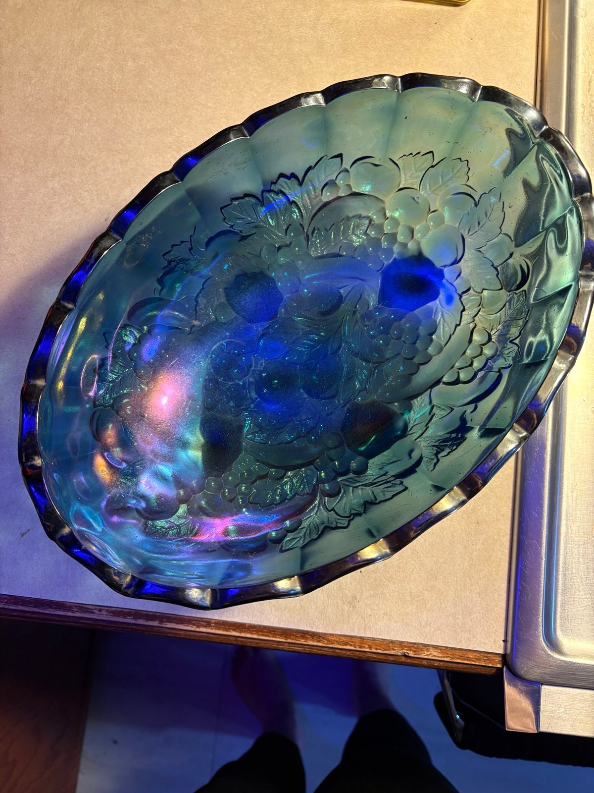 Blue translucent fruit bowl