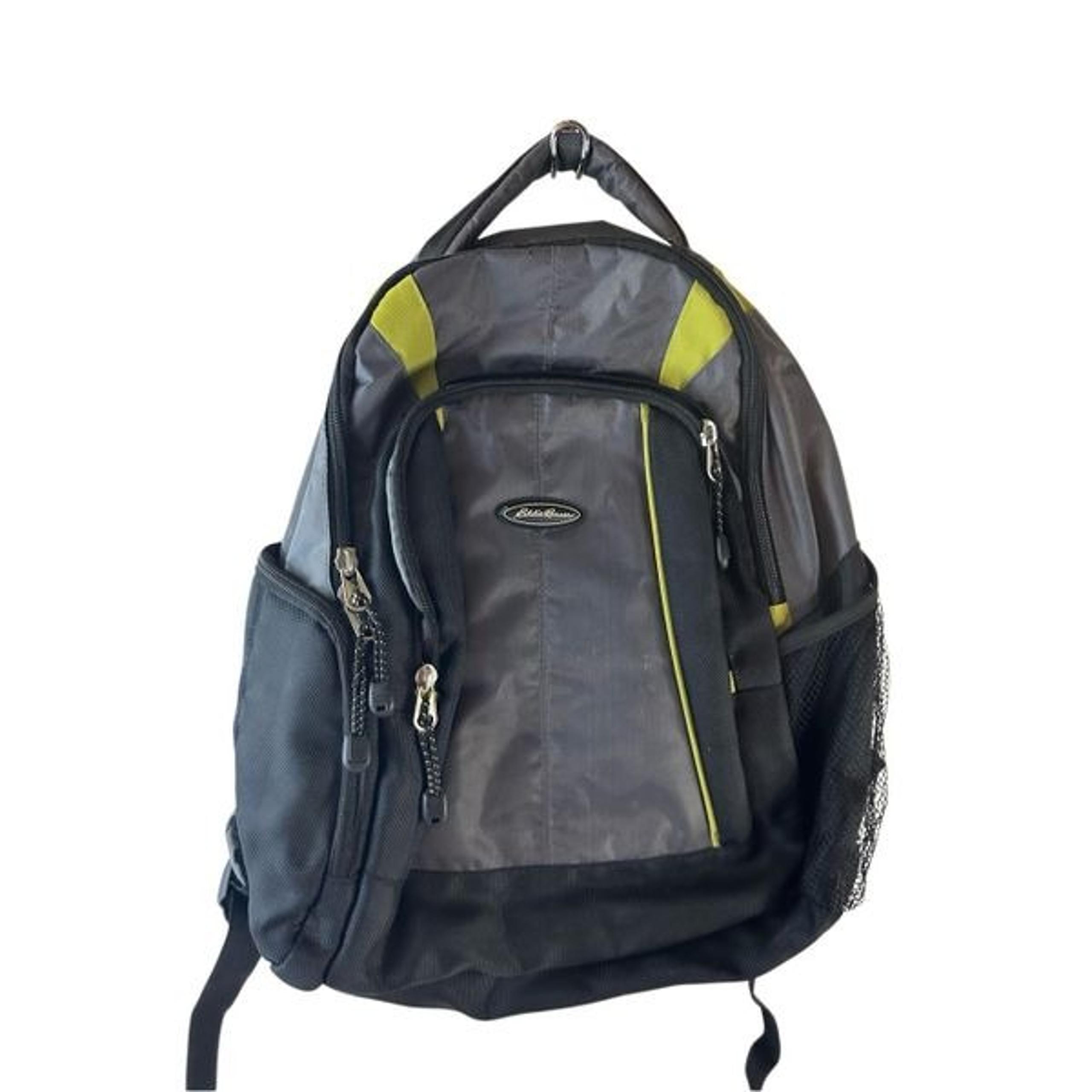 Eddie backpack gray green 3 zipper bag 18"x16"