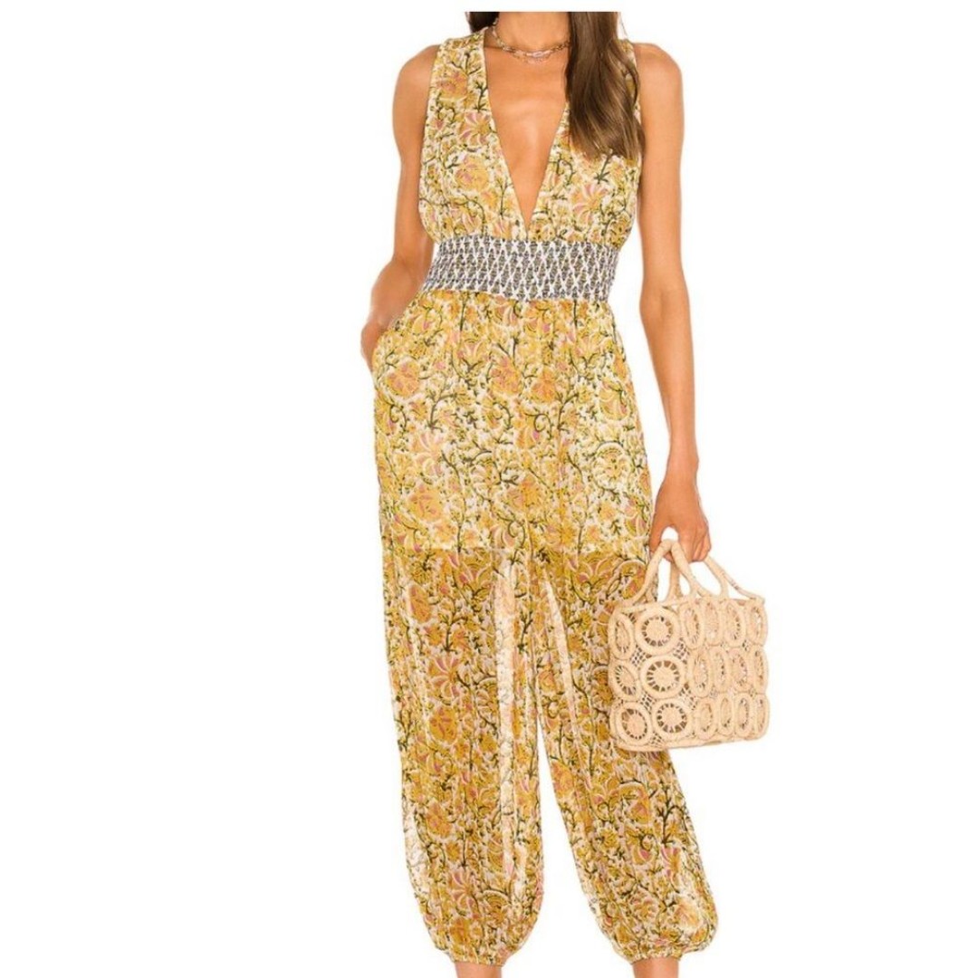 Free People Maria’s Soft Butter Yellow Feminine Floral Boho Jumpsuit Medium