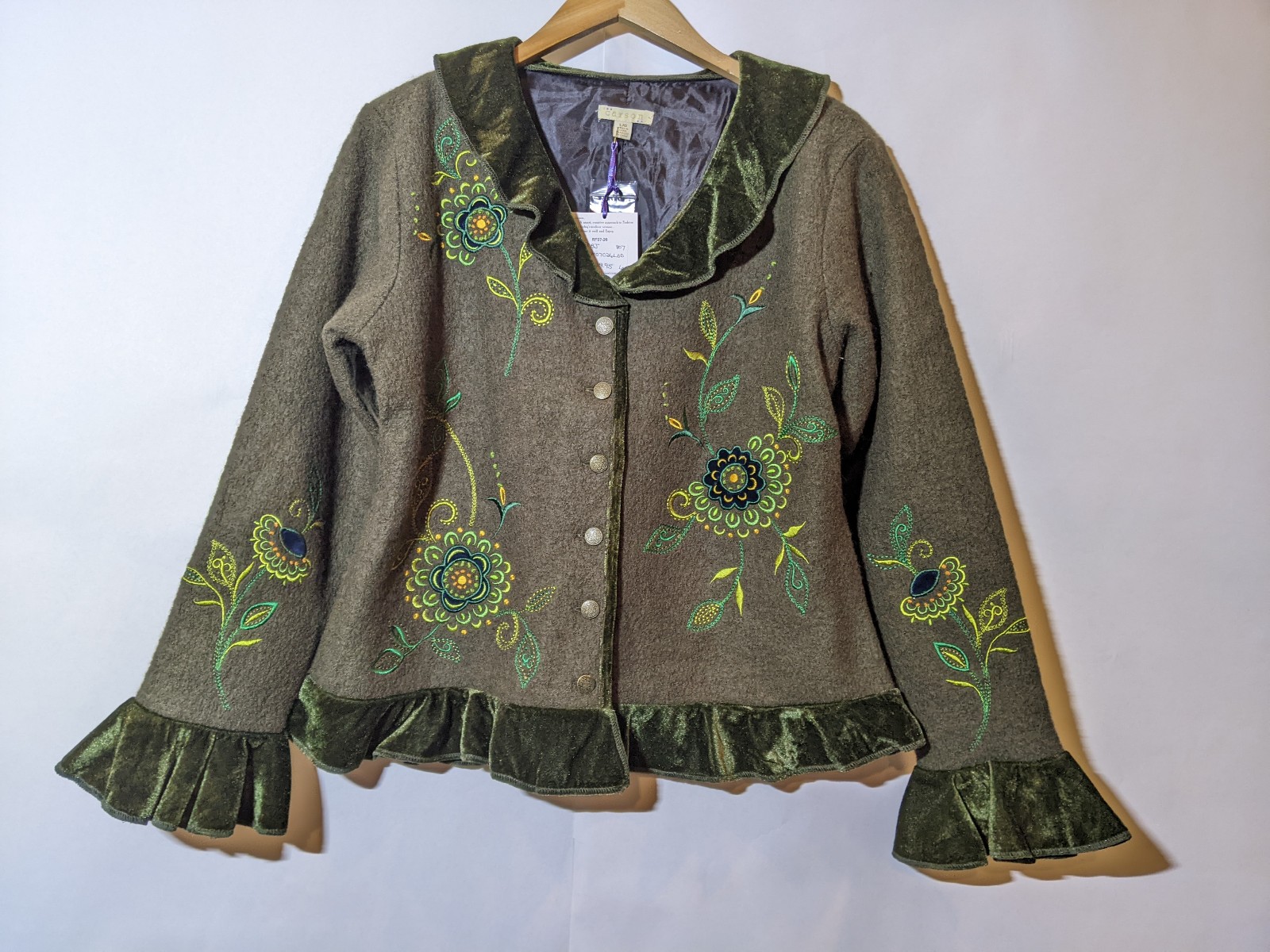 Carson olive boiled wool, velvet jacket Medium NWT