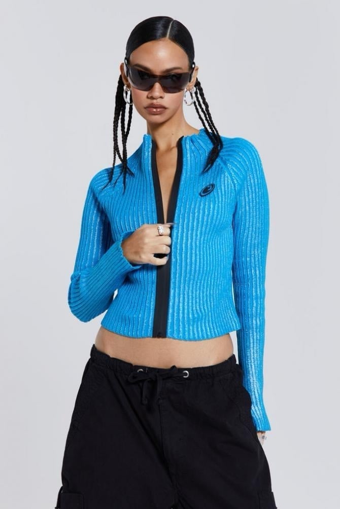Jaded London Blue Steel Metallic Silver Zip Up Knit Track