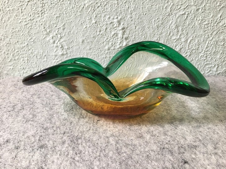 Vintage Mid-Century Modern Art Glass Ashtray Green Yellow FreeForm Handmade Bowl