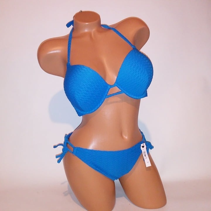 36C/M Victoria Secret Swim Bikini Top & Bottom Cheeky Blue Bombshell Push Up Tex