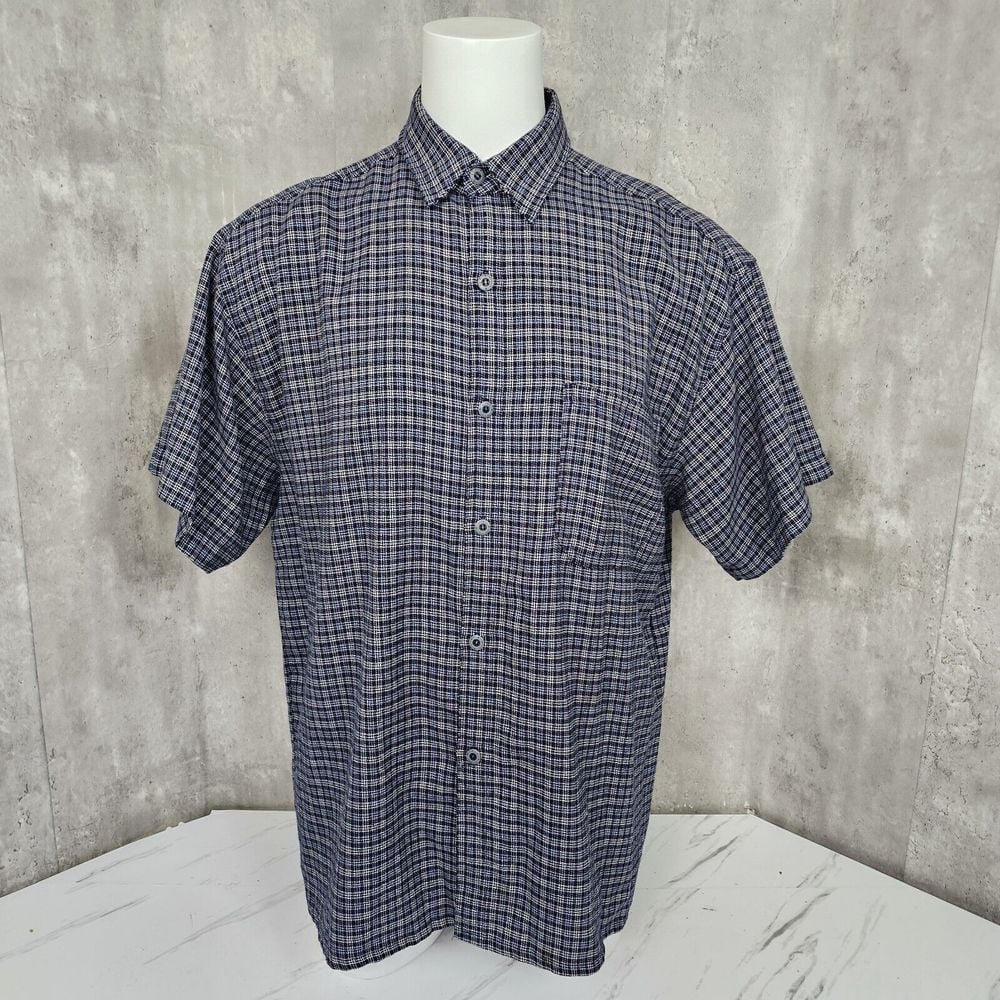Vintage 90s Y2K Caltop Mens XL Blue Grey Plaid Short Sleeve Button Front Shirt