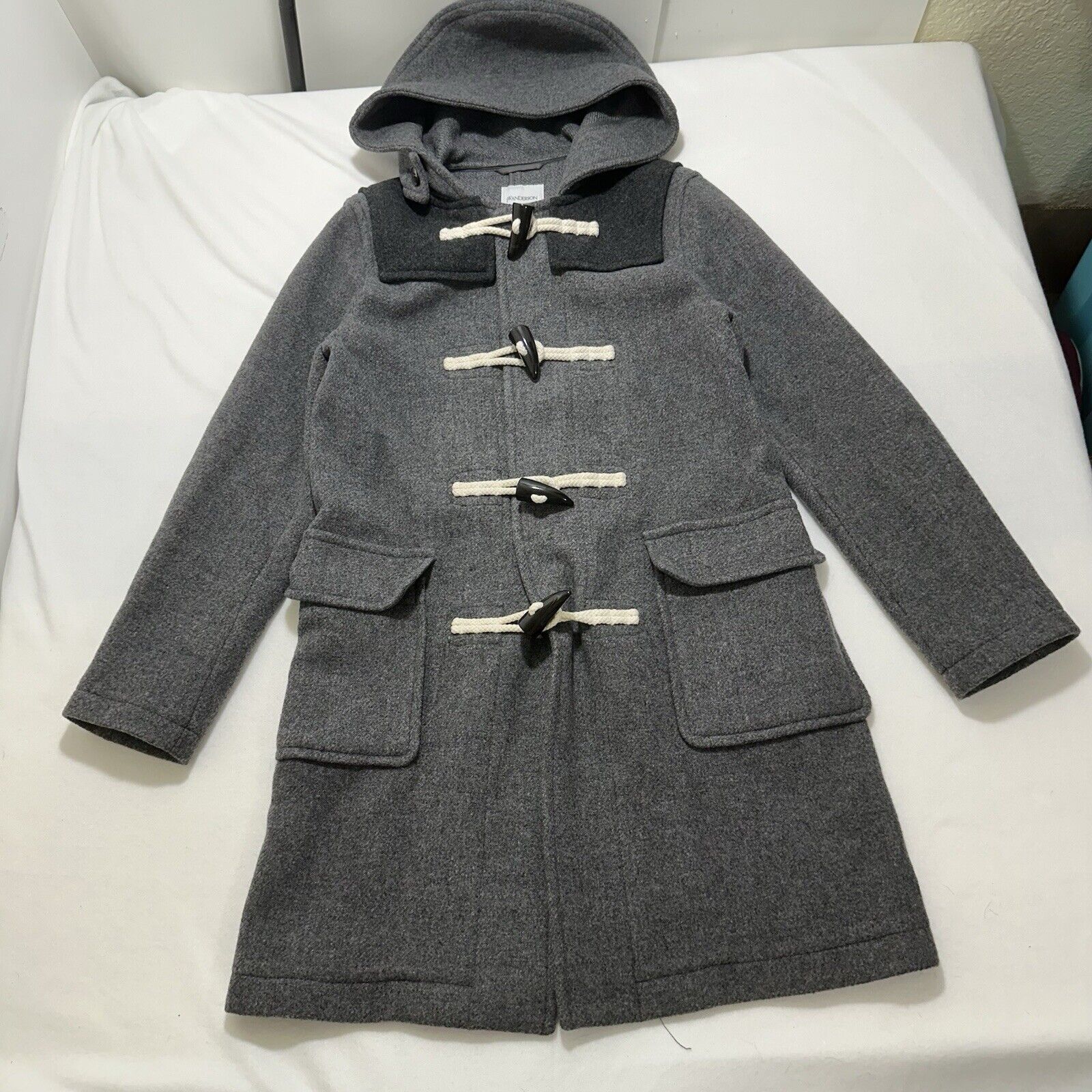 JW Anderson Uniqlo Men's XS Gray Wool Blend Duffle Coat Hood Faux Leather Patch