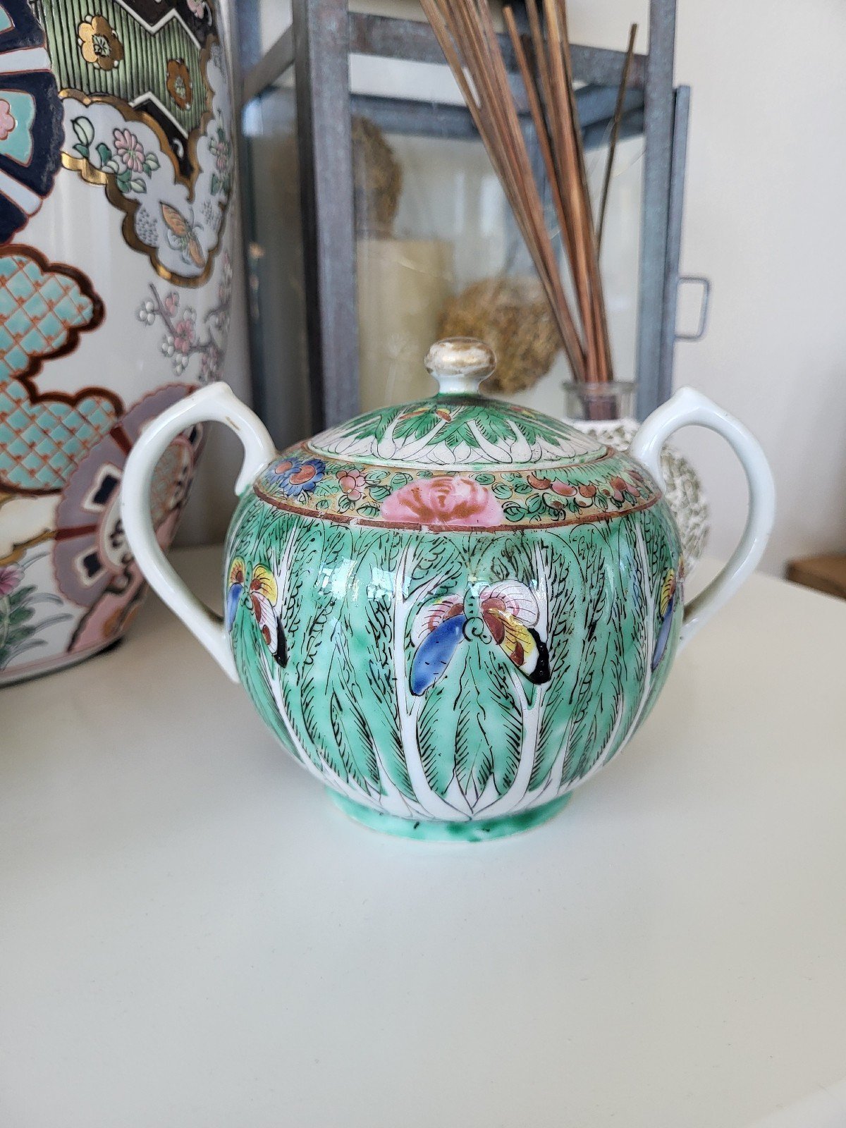 Vintage/Antique Chinese Porcelain Bok Choy Sugar Bowl With Lid Famille Verte