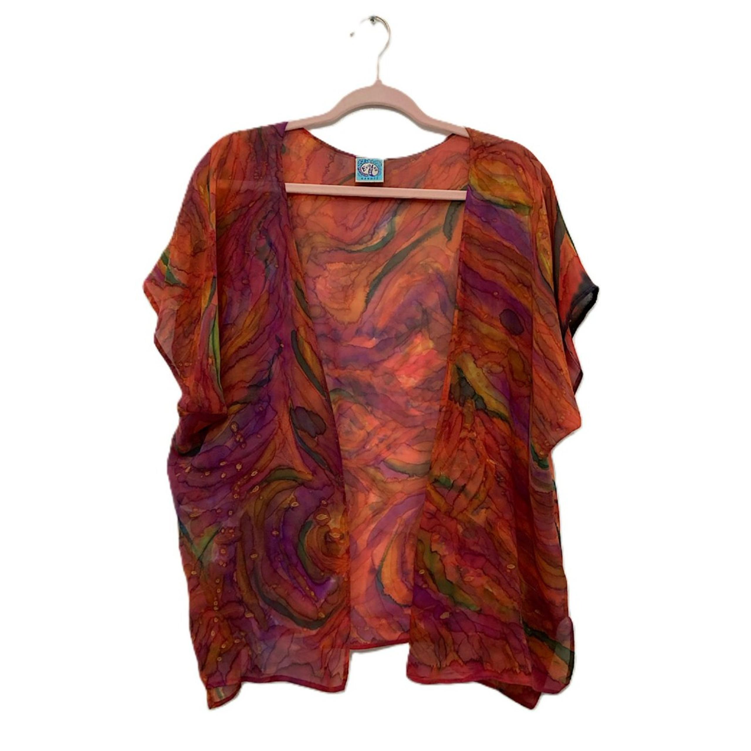 Evolve Love Pure 100% Silk Hand Painted Red Cardigan L