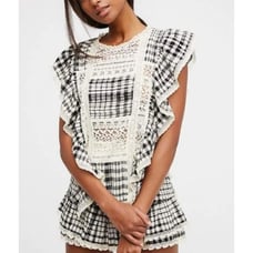 EUC Free People Tessa Black Gingham Plaid Short Ruffle Top Set 12