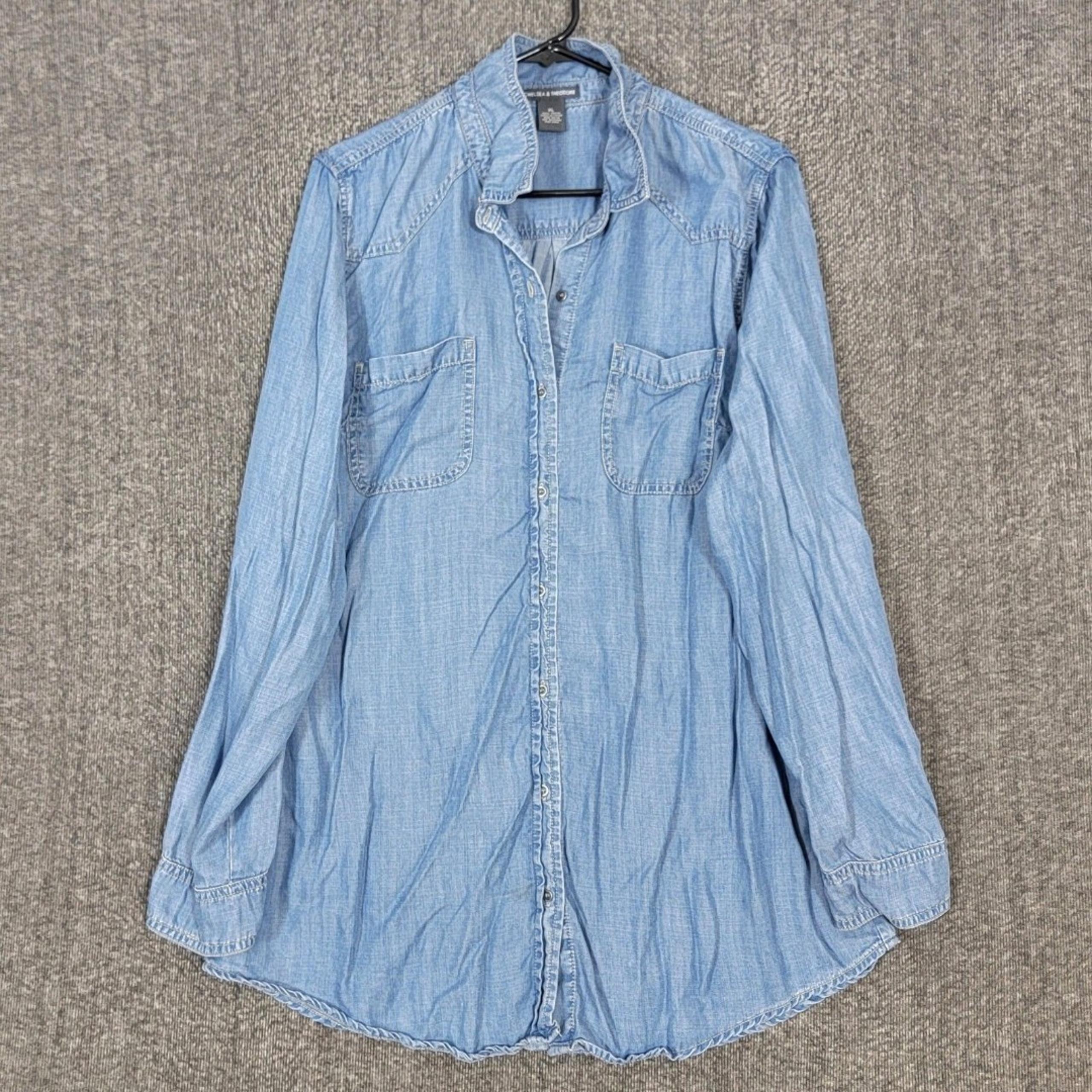 Chelsea & Theodore Shirt Womens XL Blue Chambray Long Sleeve Tunic Top Blouse