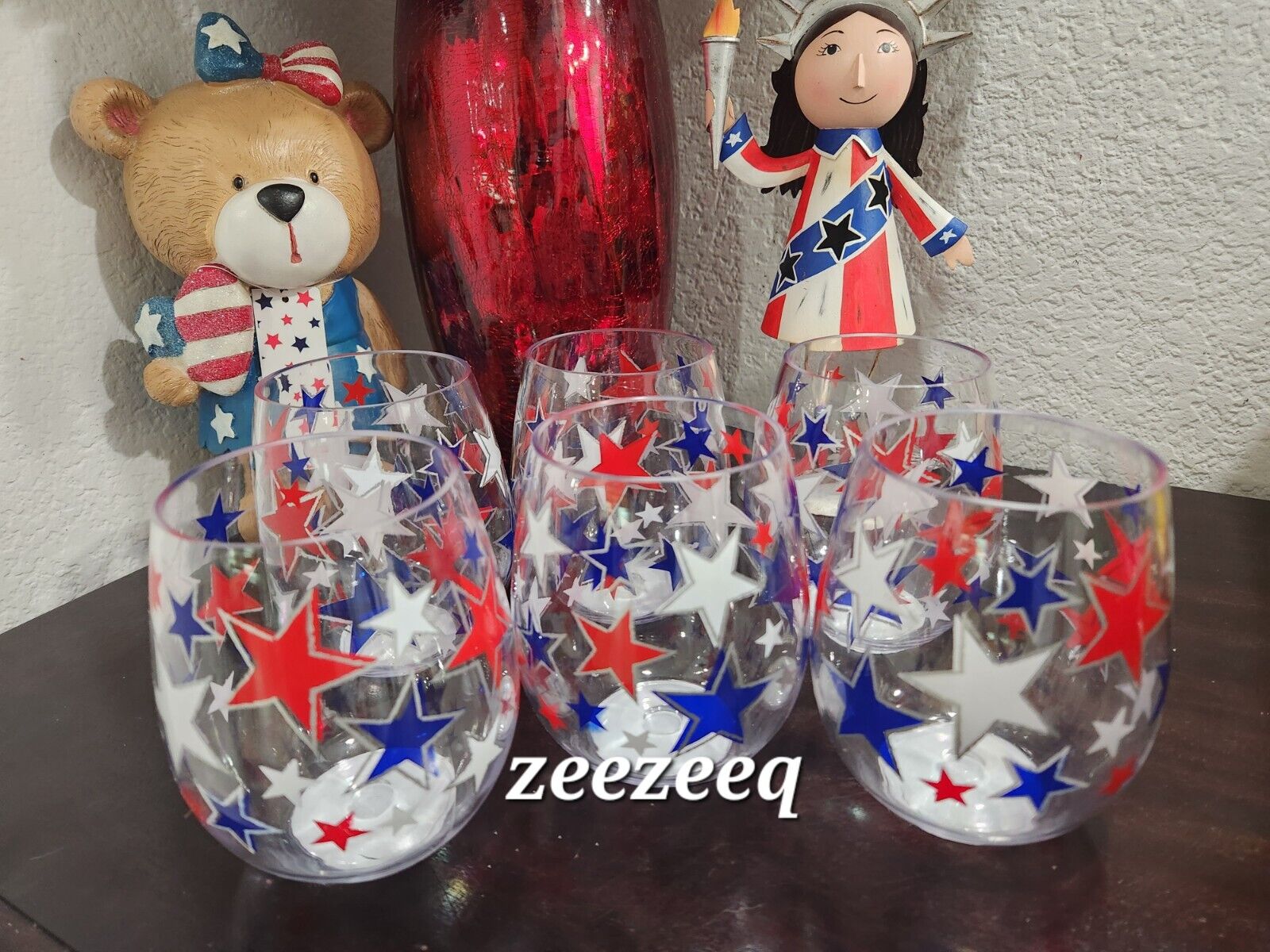6pc 4th of July Patriotic Stars Acrylic Plastic Stemless wine Glasses