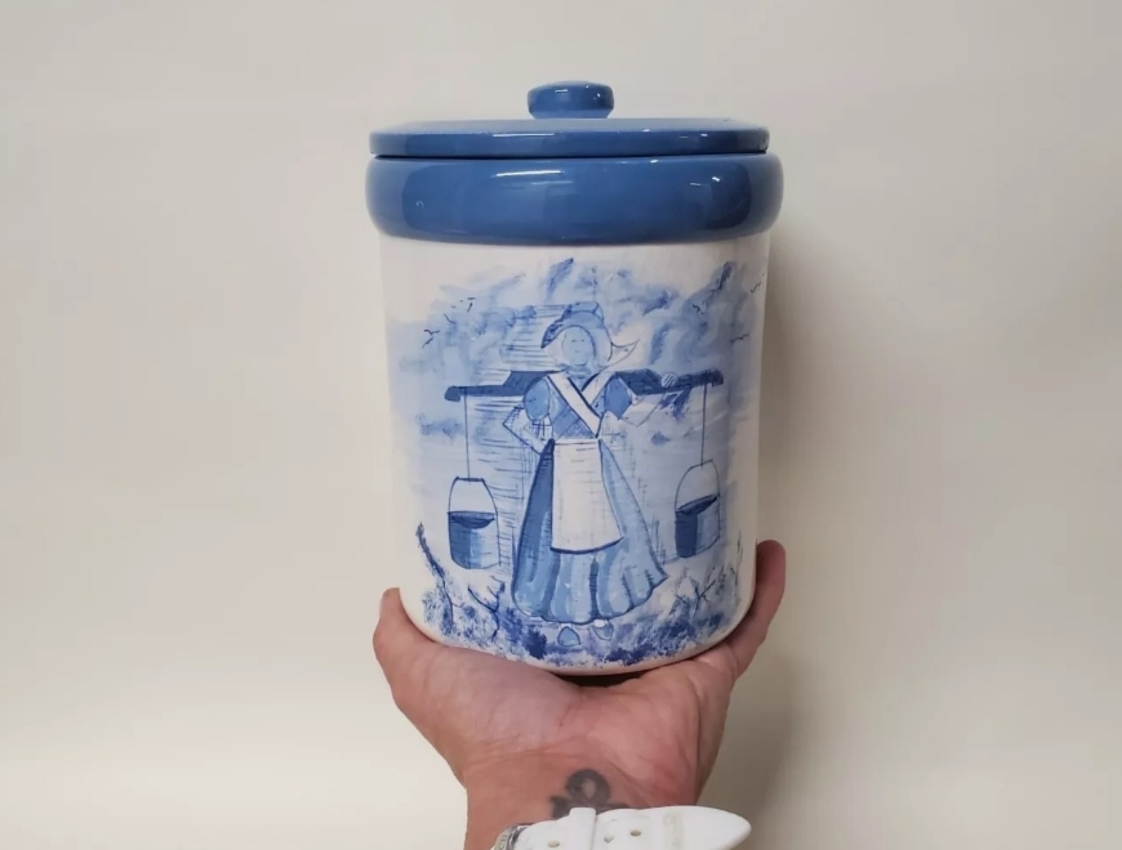 Vintage Handpainted Windmill Dutch Theme Blue White Ceramic Canister Lidded 7in.