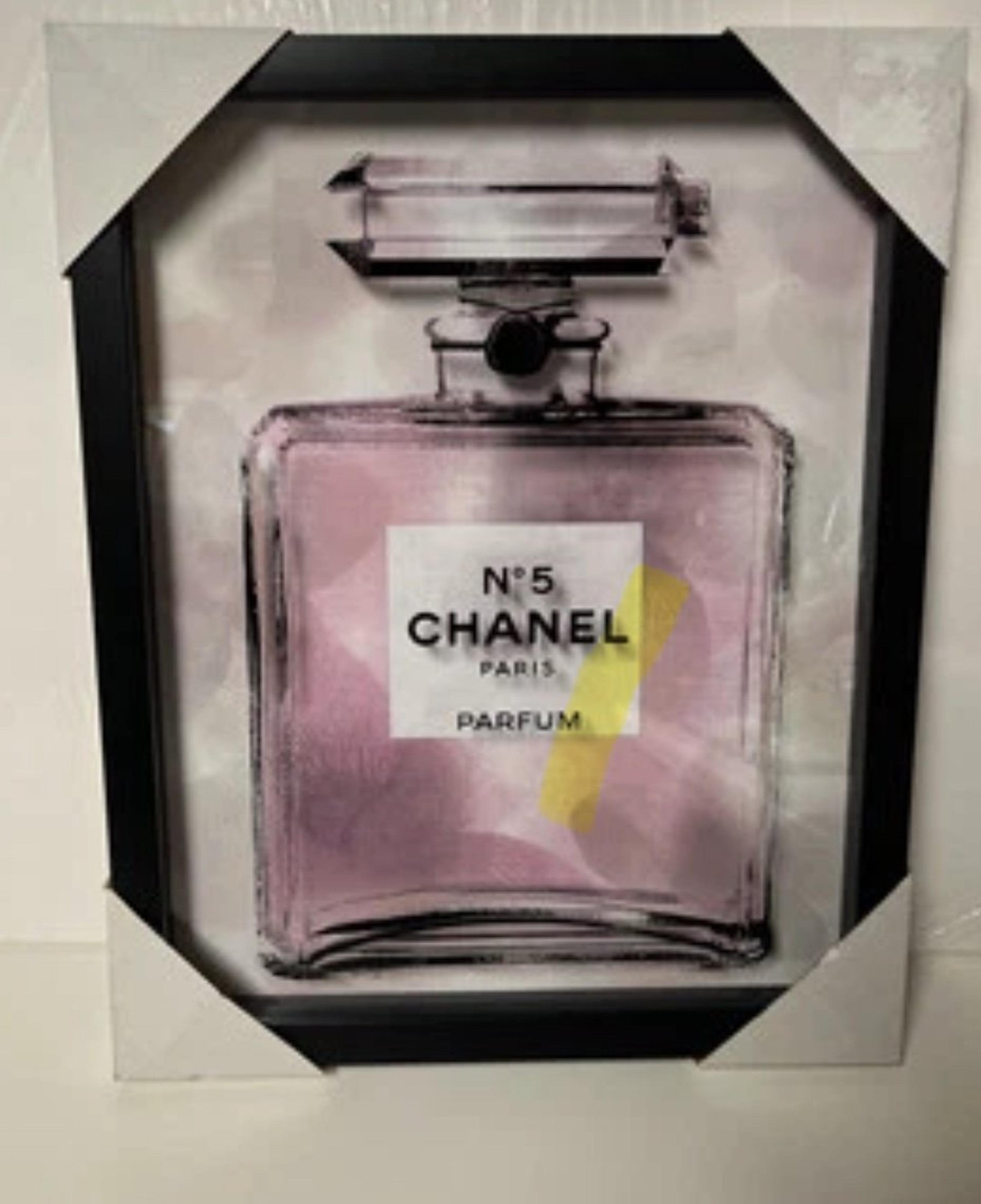 CHANEL No 5 PARIS PARFUM PICTURE ON GLASS; Pink, 12 X 15"