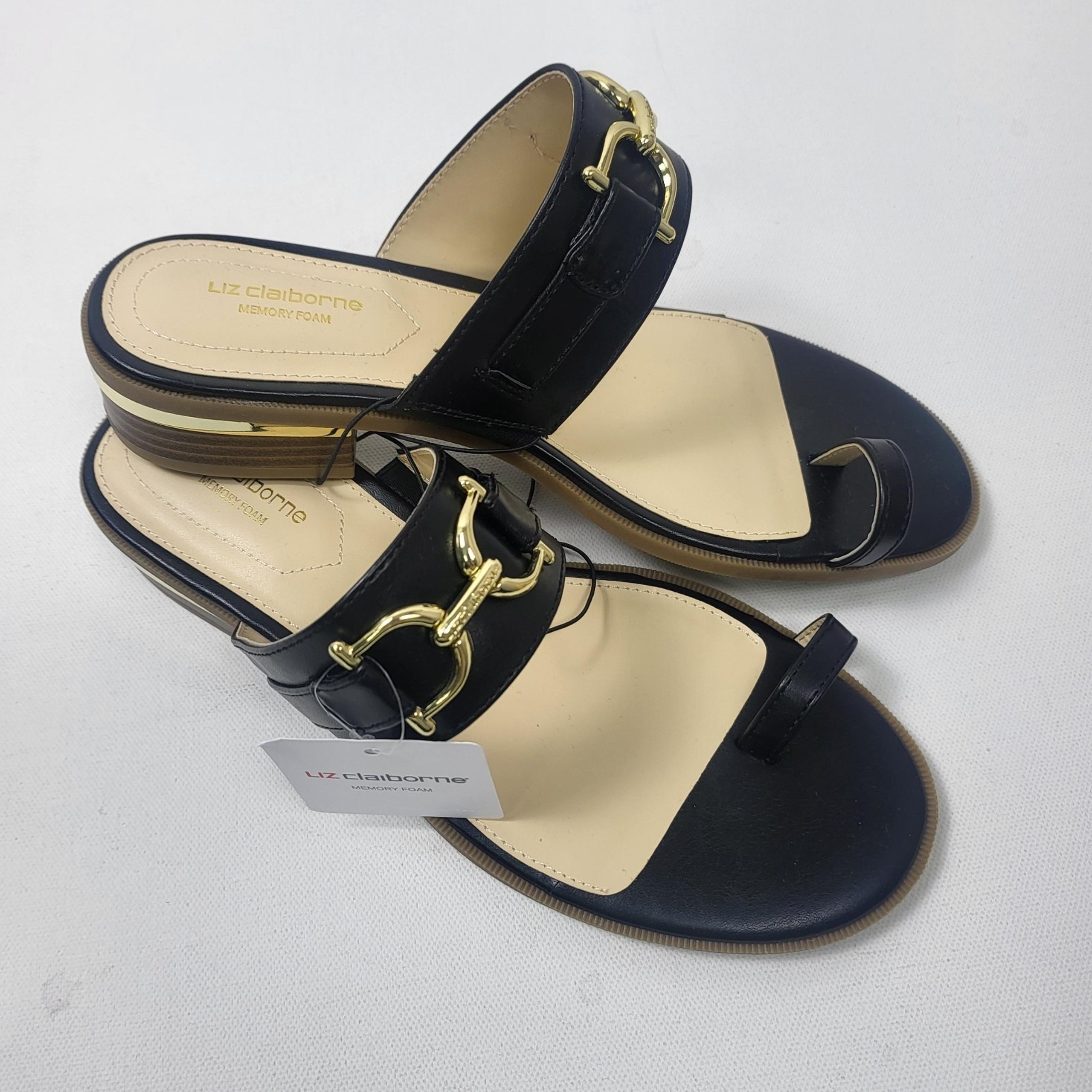 LIZ CLAIBORNE Sandals Women's Size 7.5M Black Gold Argent Flat One Toe Flip Flop