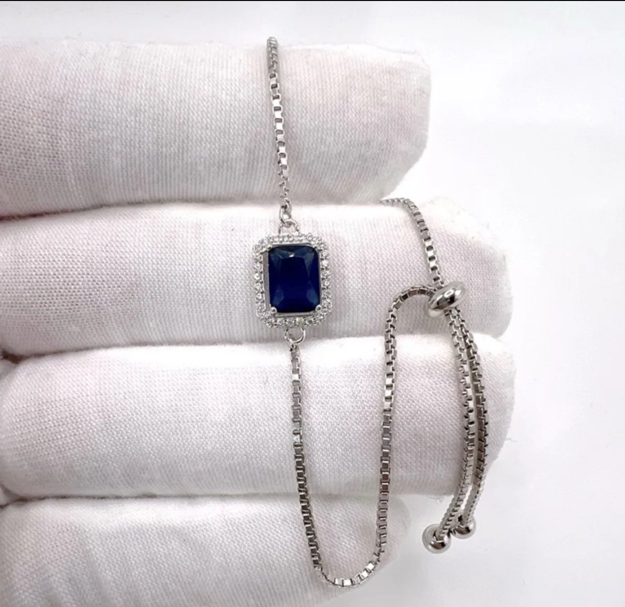 .925 Sterling Silver Blue & Clear Cz Rectangle Adjustable Bracelet