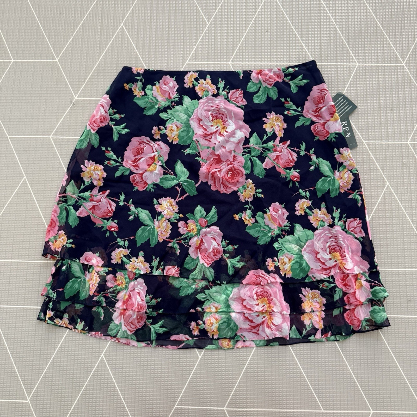 NEW Ralph Lauren Barbados French Navy Floral 100% Silk Skirt SZ 12