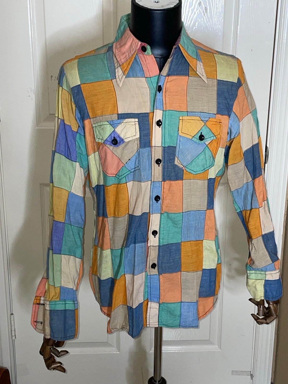 Vintage 70s Men’s Fun Pattern Shirt Button Up Sleeve Fits L Colorful Cotton