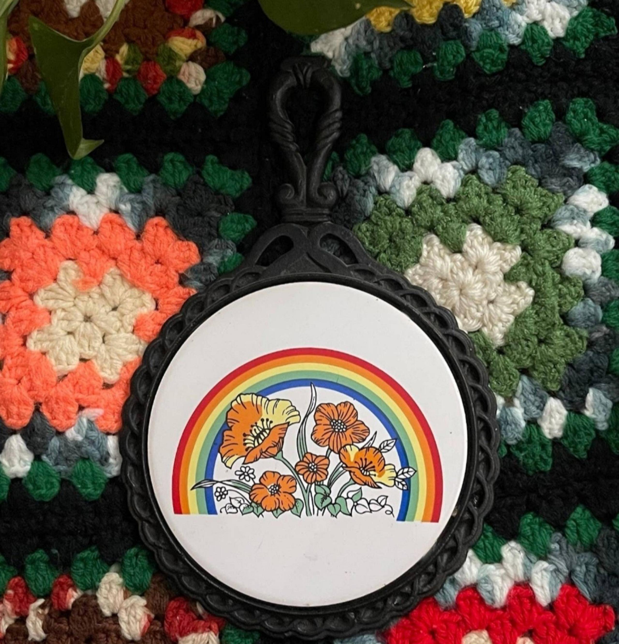 70s Floral & Rainbow Vintage Cast Iron Trivet of California Poppies