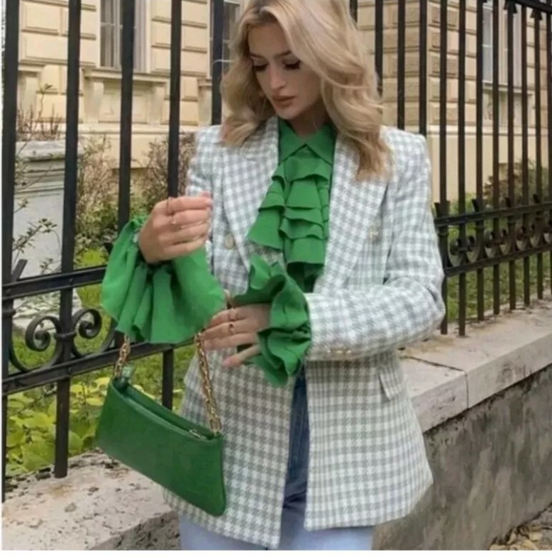 Zara Double Breasted Houndstooth Print Blazer In Sage Green and White size M