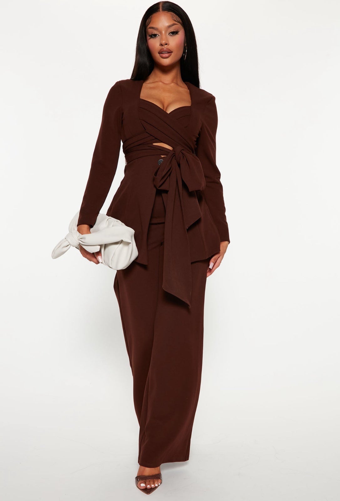 brown two piece pants suit set for women