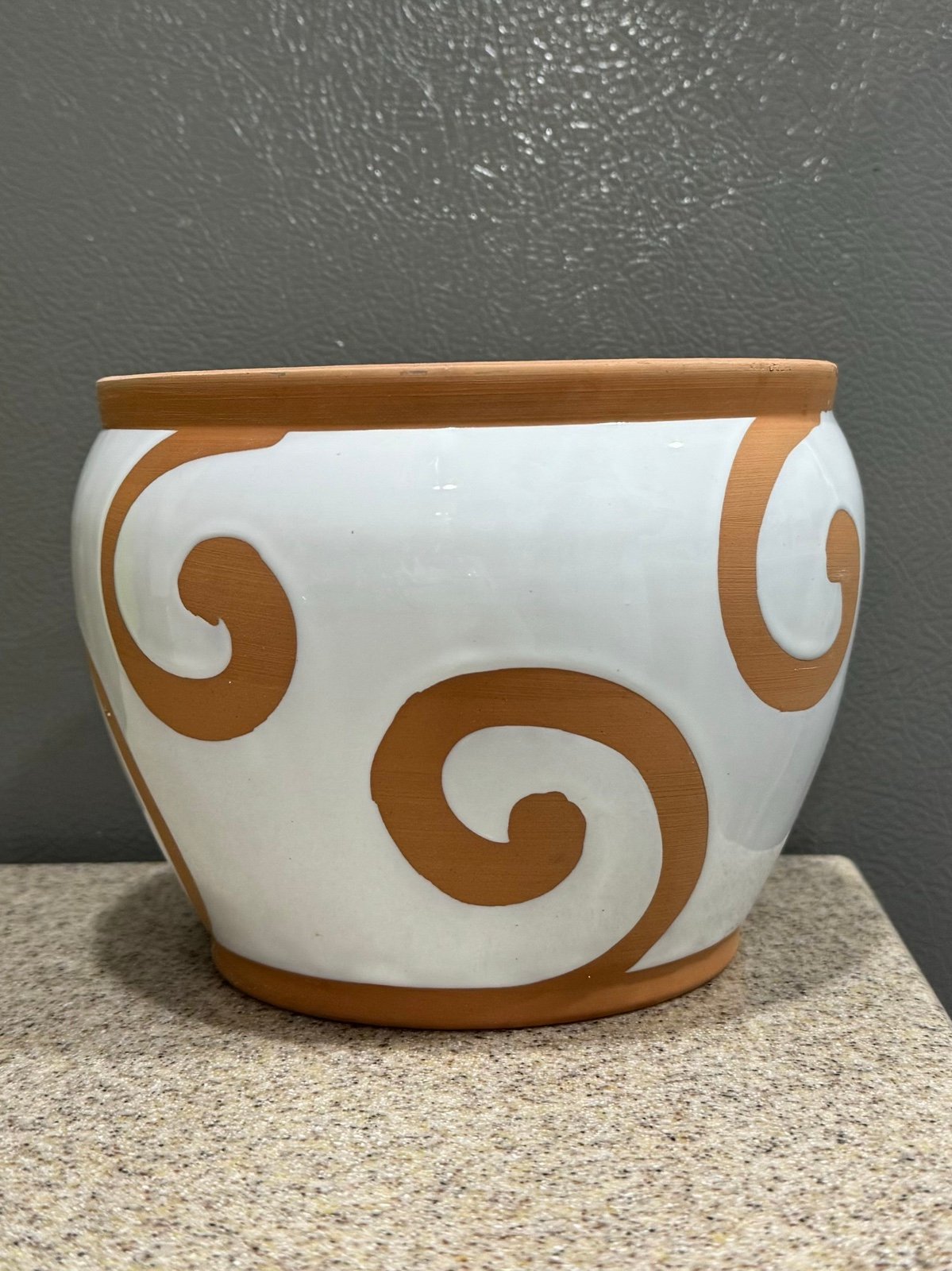 Italian Pottery Pot 5”x7” White Glaze Terracotta Swirls Pristine Condition