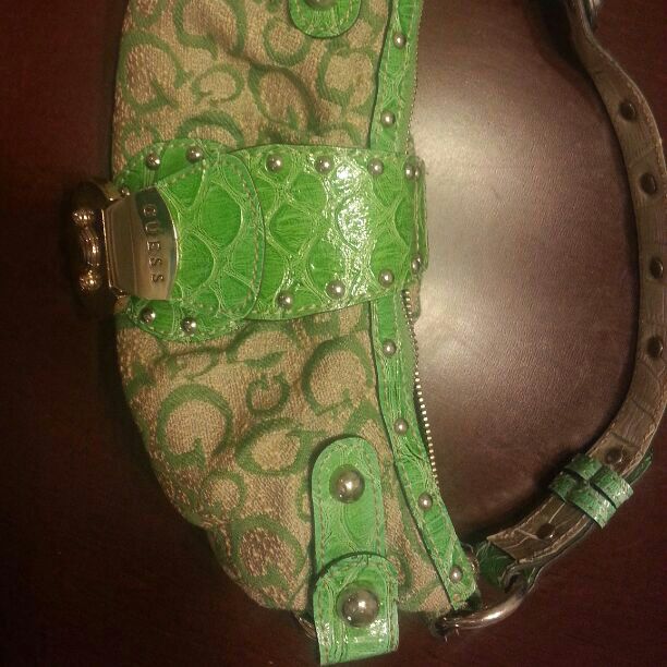 Green and tan GUESS purse