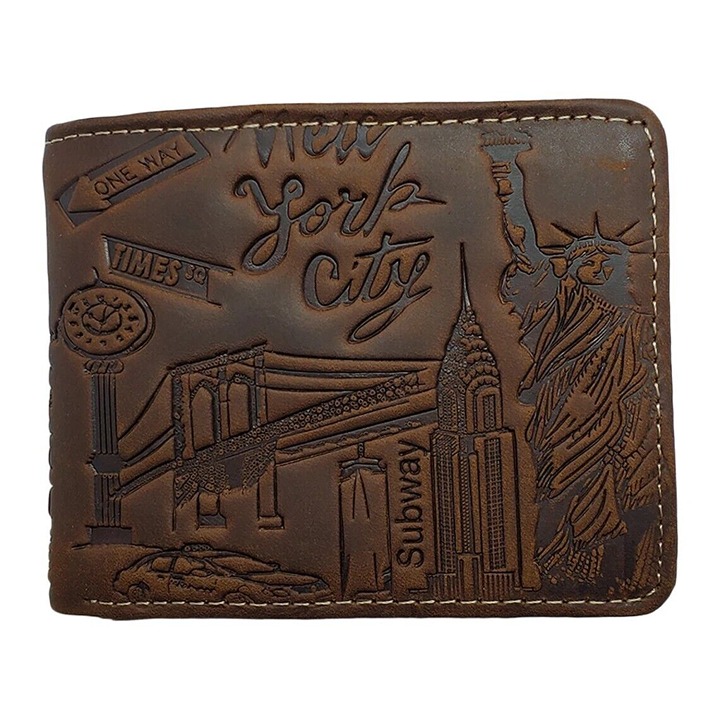 NWT New York City USA Men's Brown Multi Card ID Embossed Leather Bifold Wallet