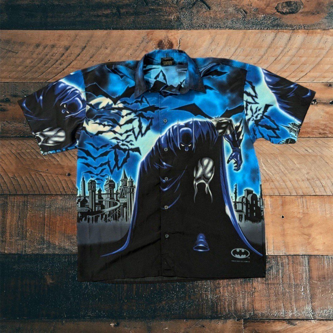 Vintage Y2k Batman Shirt M AOP All Over Print DC Warner Bros Comic Button Down B
