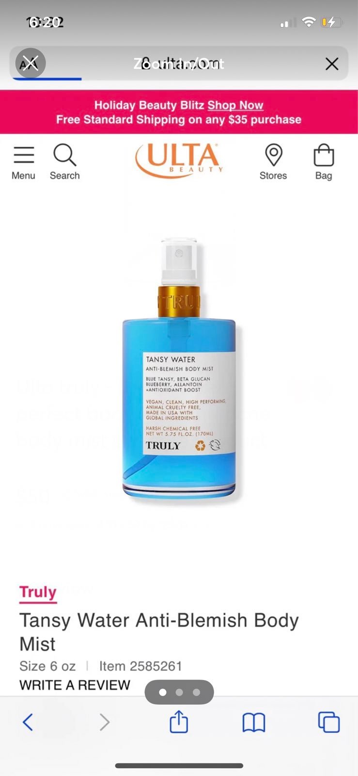 Ulta gift beauty Truly blemish water tansy body mist