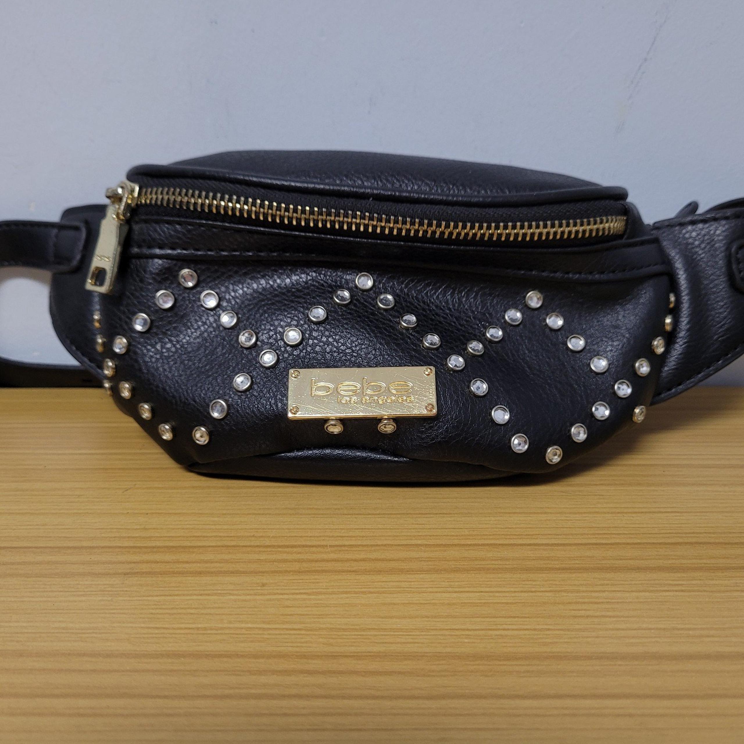 Bebe Los Angeles Fanny Pack Belt Bag Rhinestone Studded Zipper Black Adjustable