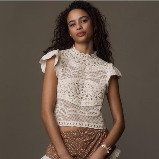 Ollari Dori Ruffle-Sleeve Crochet Top