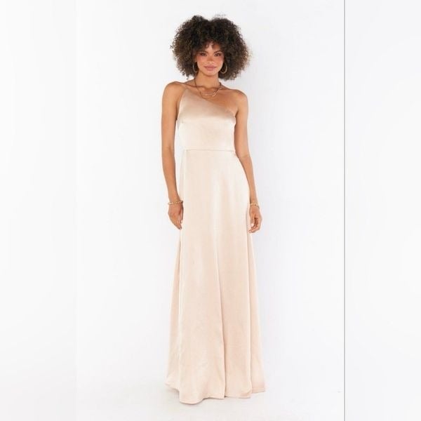 New SMYM Champagne Luxe Satin Shannon One-Shoulder Dress Size XS