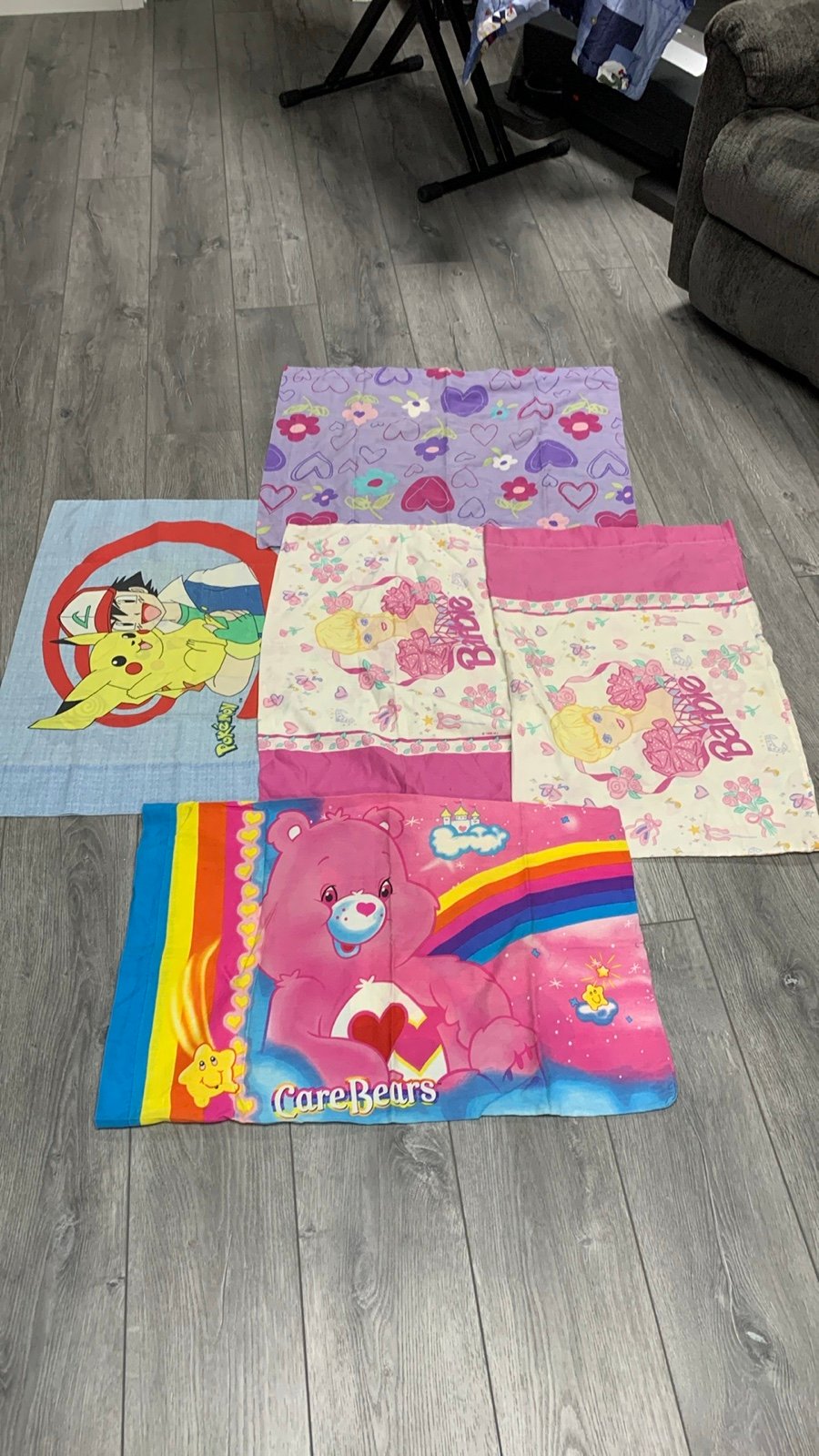 Vintage 90’s & Early 00’s Care Bears, Pokemon & Barbie Pillow Cases. Set of 5. C